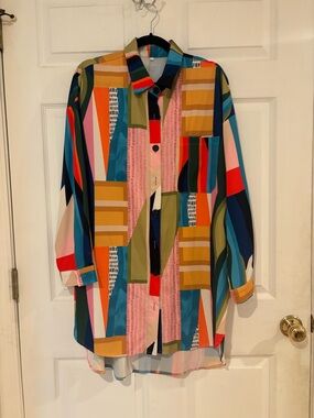 Colorblock Geometric Button-Up Shirt/dress